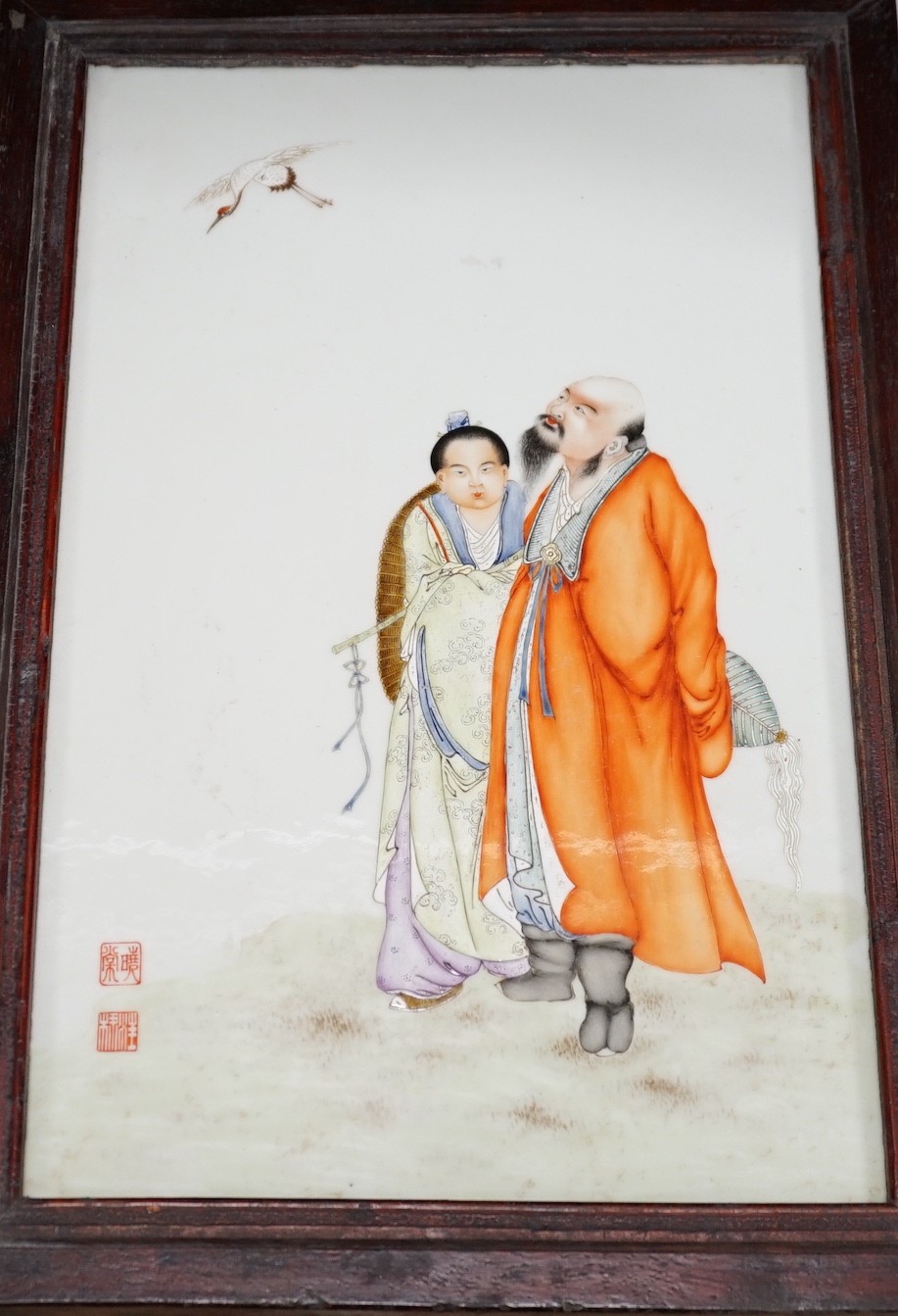 A Chinese framed famille rose plaque of 2 scholars, 47 x 32cm including frame